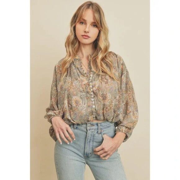 🦋 VICI 🦋 Paisley Semi-Sheer Elastic Waist Blouse - [Size XS, Beige] - Picture 6 of 16